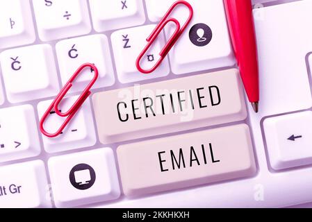 Affiche textuelle indiquant l'adresse e-mail certifiée. E-mail de présentation de l'entreprise dont l'envoi est certifié par un tiers neutre Banque D'Images