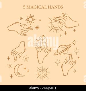 MAGIC HANDS variations astrologiques jeu de symboles pour carte de Tarot Occult ésotérique sorcellerie dessinée à la main Alchemist objets Halloween esquisse Design Collecti Illustration de Vecteur