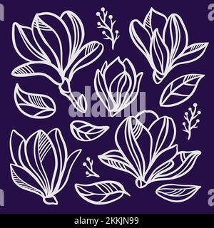 MAGNOLIA SET fleurs Openworks of Flowers Silhouettes Monochrome de fleurs blanches et de feuilles sur fond bleu foncé esquisse Clipart Vector Illustration Illustration de Vecteur