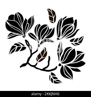 MAGNOLIA BRANCH contours fleuris de branche d'arbre avec silhouette monochrome de fleurs noires esquisse sur fond blanc Clipart Vector Illustra Illustration de Vecteur