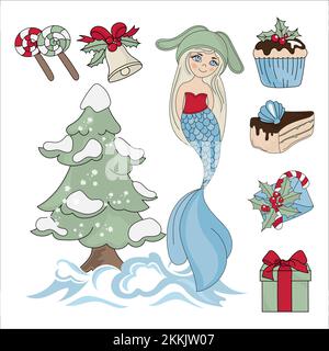 MERMAID CHRISTMAS DREAMS sous-marin Princess Girl Cartoon Merry Christmas New Year clip Art Vector Illustration Set for Print Illustration de Vecteur