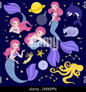 MERMAID DANS L'ESPACE Cartoon Cosmos Galactic Princess Journey clip Art Vector Illustration Set for Print Illustration de Vecteur