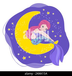 MERMAID MOON Space Sea Cartoon Cosmos Galactic Universe Princess Journey clip Art Vector Illustration Set for Print Illustration de Vecteur