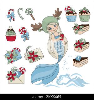 MERMAID SWEET SET Mer sous-marin Princesse fille Joyeux Noël nouvel an clip d'hiver Art Vector Illustration Collection for Print Illustration de Vecteur