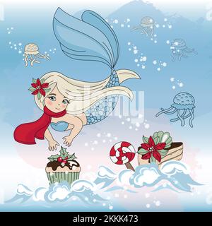 MERMAID SWEET Sea sous-marin Princess Girl Merry Christmas New Year Winter Cartoon clip Art Vector Illustration Set for Print Illustration de Vecteur