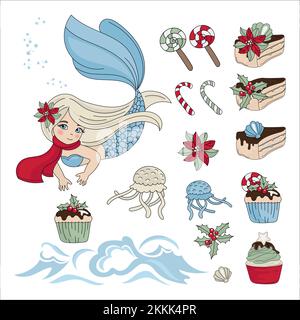 MERMAID SWEETY Mer sous-marin princesse fille Joyeux Noël nouvel an hiver clip Art Vector Illustration Set pour imprimer Illustration de Vecteur
