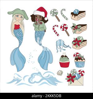 MERMAID YUMMY Sea sous-marin Princesse fille Joyeux Noël nouvel an dessin animé d'hiver clip Art Vector Illustration Set pour l'impression Illustration de Vecteur