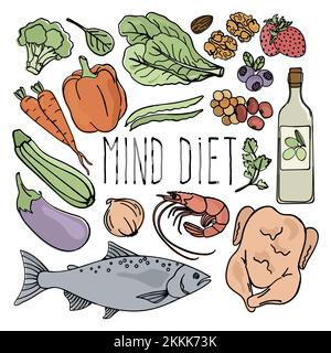 ALIMENTATION DE L'ESPRIT Cartoon saine alimentation du cerveau organique bonne nutrition médecine clip Art Vector Illustration Set for Print Illustration de Vecteur