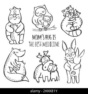 MAMANS ÉNORME LEURS ENFANTS animaux mignon Hugs et kisses leurs enfants relation parentale Monochrome dessin main clip Art Vector Illustration ensemble pour Illustration de Vecteur