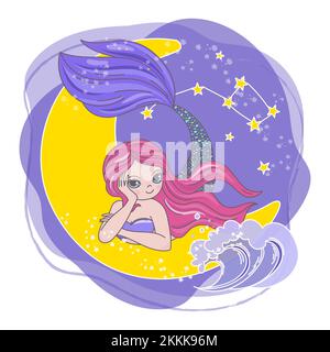 MOON MERMAID Space Cartoon Cosmos Galactic Universe Princess Girl Journey clip Art Vector Illustration Set pour l'impression Illustration de Vecteur