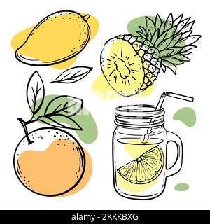 SMOOTHIES AUX FRUITS MULTIPLES en Glasslock aux fruits tropicaux juteux pour la conception de produits naturels biologiques Boutique et boissons à base de desserts en Sketch Vector Illustra Illustration de Vecteur