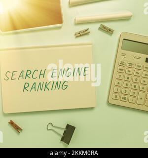 Classement du moteur de recherche de texte d'écriture. Business Approach Rank à quel site apparaît dans la requête du moteur de recherche Banque D'Images