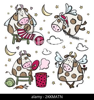 NEW YEAR COW PERSONNAGES quatre Bulls de Noël préparation pour Joyeux Noël hiver dessin main de dessin animé Hygge clip Art Vector Illustration Set Illustration de Vecteur