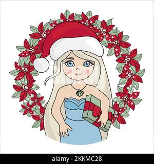 PORTRAIT DE LA NOUVELLE ANNÉE dessin animé Père Noël Red Hat Girl avec cadeau en couronne de fleurs Merry Christmas clip Art Vector Illustration Set pour l'impression Illustration de Vecteur