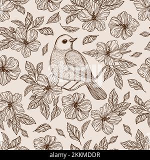 NIGHTINGALE SUR LA FLEUR Hibiscus avec des feuilles Monochrome dessin à la main en chinois et japonais Styles dessin animé dessin sans couture dessin vectoriel Illustration FO Illustration de Vecteur