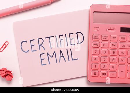Texte d'écriture E-mail certifié, e-mail de présentation d'entreprise dont l'envoi est certifié par un tiers neutre Banque D'Images