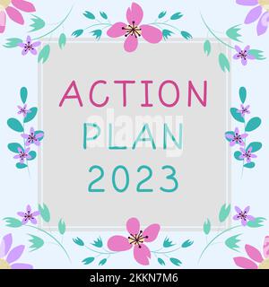 Affiche présentant le plan d'action 2023. Business Showcase Challenge Ideas objectifs pour la nouvelle année motivation pour commencer Banque D'Images