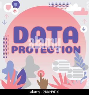 Symbole textuel indiquant la protection des données. Mot écrit sur le contrôle légal de l'accès et de l'utilisation des données stockées dans l'ordinateur Banque D'Images