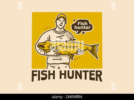 Vintage art illustration design d'un homme tenant un gros poisson Illustration de Vecteur