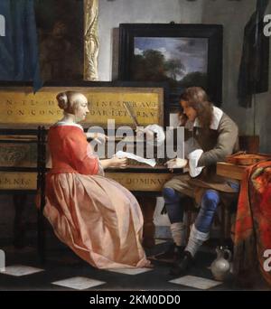 Un homme et une femme assis par un Virginie par le peintre hollandais Gabriel Metsu à la National Gallery, Londres, Royaume-Uni Banque D'Images