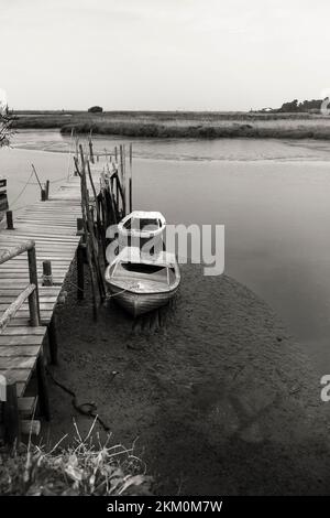 Bateaux de pêche amarrés dans un port avec passerelle en bois à Carrasqueira, Portugal Banque D'Images