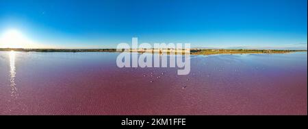 Vue aérienne du magnifique lac rose et de la production de sel de la Camargue en face du village d'Aigues mortes Banque D'Images