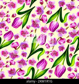 Motif printemps délicat avec tulipes roses et sakura. Sur fond jaune. Illustration aquarelle. Pour textile, emballage, arrière-plan, design, mur Banque D'Images