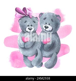 Jouets doux d'ours gris avec coeurs roses dans leurs pattes sur le fond d'un aquarelle tache. Illustration aquarelle. Composition de LA SAINT-VALENTIN Banque D'Images