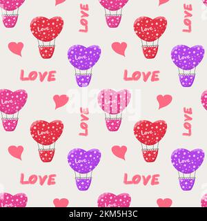 Motif sans couture avec ballons d'air. Ballon coeur avec un panier. Design pour le jour de la Saint-Valentin et le mariage. Motif pour textiles, articles de papeterie, patchwork. Banque D'Images