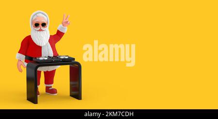 Dessin animé joyeux Père Noël Granpa DJ jouant de la musique avec DJ Set Turntable Mixer Equipement sur un fond jaune. 3D rendu Banque D'Images