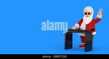 Dessin animé joyeux Père Noël Granpa DJ jouant de la musique avec DJ Set Turntable Mixer Equipement sur un fond bleu. 3D rendu Banque D'Images