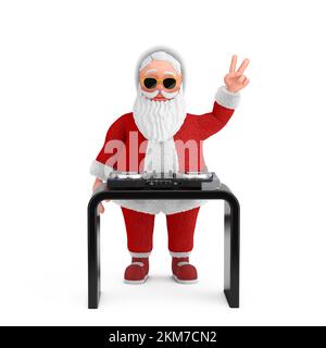 Dessin animé joyeux Père Noël Granpa DJ jouant de la musique avec DJ Set Turntable Mixer Equipement sur un fond blanc. 3D rendu Banque D'Images