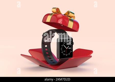 Montre Smart Watch moderne noire avec bracelet dans une boîte cadeau rouge ouverte avec ruban doré sur fond rose. 3D rendu Banque D'Images