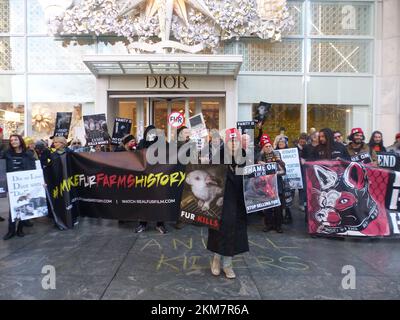 Christian Dior Boutique, 767 5th Ave, New York, NY 10153, États-Unis. 25 novembre 2022. Des manifestations vocales organisées par « la marche de la fourrure à New York » perturbent les zones d'entrée entourant les portes chic de la Fifth Avenue Boutique des leaders de la mode de détail de Manhattan, Christian Dior et Louis Vuitton. ©Julia Mineeva/EGBN TV News/Alamy Live News Banque D'Images