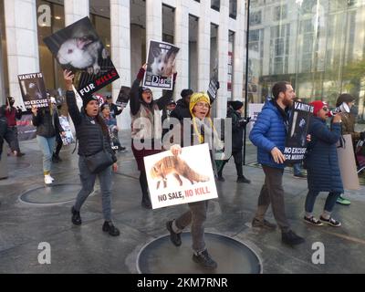 Christian Dior Boutique, 767 5th Ave, New York, NY 10153, États-Unis. 25 novembre 2022. Des manifestations vocales organisées par « la marche de la fourrure à New York » perturbent les zones d'entrée entourant les portes chic de la Fifth Avenue Boutique des leaders de la mode de détail de Manhattan, Christian Dior et Louis Vuitton. ©Julia Mineeva/EGBN TV News/Alamy Live News Banque D'Images