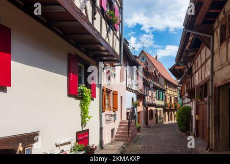 Eguisheim (Egisheim) : vieille ville, ruelle étroite, maisons à colombages, fleurs en Alsace (Elssass), Haut-Rhin (Oberelsss), France Banque D'Images