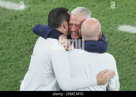 Didier Deschamps, entraîneur-chef français, célèbre après avoir remporté un match de football entre la France et le Danemark, dans le groupe D de la coupe du monde FIFA 2022, au stade 974, à Doha, État du Qatar, le samedi 26 novembre 2022. BELGA PHOTO BRUNO FAHY Banque D'Images