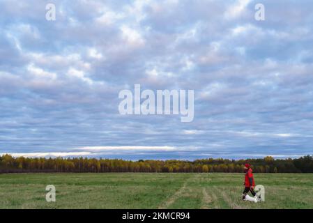 Homme en manteau rouge marchant avec un chien dans le champ le jour de l'automne. Vue latérale du propriétaire et du chien avec espace de copie Banque D'Images