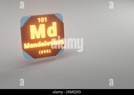 Belles illustrations abstraites debout en noir et feu élément Mélélium de la table périodique. Design moderne avec éléments dorés, rendu 3D Banque D'Images