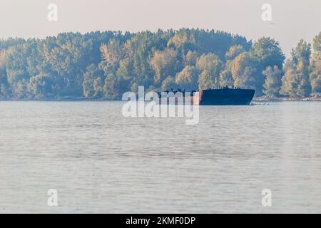 Navires-citernes ancrés sur le Danube. Vue sur les pétroliers ancrés sur le Danube près de Novi Sad en automne. Banque D'Images