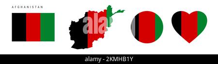 Ensemble d'icônes de drapeau d'Afghanistan. Pénitence afghane dans les couleurs et les proportions officielles. Rectangulaire, en forme de carte, en forme de cercle et de coeur. Illustration plate isol Banque D'Images