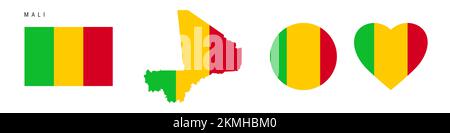 Ensemble d'icônes de drapeau Mali. Fant malien dans les couleurs et les proportions officielles. Rectangulaire, en forme de carte, en forme de cercle et de coeur. Illustration plate isolée sur Banque D'Images