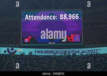 Doha, Qatar. 26th novembre 2022. La participation est indiquée sur le tableau de bord lors du match du groupe C de la coupe du monde de la FIFA 2022 au stade Lusail à Doha, au Qatar, sur 26 novembre 2022. Photo de Chris Brunskill/UPI crédit: UPI/Alay Live News Banque D'Images