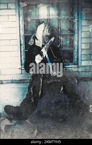Une œuvre d'art créative noire tordue d'un homme meurtrier effrayant tenant une lame meurtrière dans une ruelle sombre cruelle. Horreurs de sac de Hesse Banque D'Images
