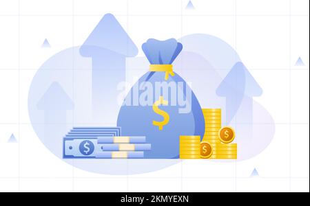 Concept de gestion financière et investissement, conception plate et vecteur Illustration du paiement avec de l'argent, de l'argent comptant, des billets de banque, de la calculatrice et de la carte de crédit. Banque D'Images