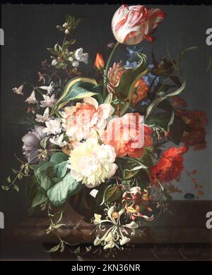 Fleurs dans un vase en verre avec une tulipe de Rachel Ruysch, peintre hollandaise de l'âge d'or, à la National Gallery, Londres, Royaume-Uni Banque D'Images