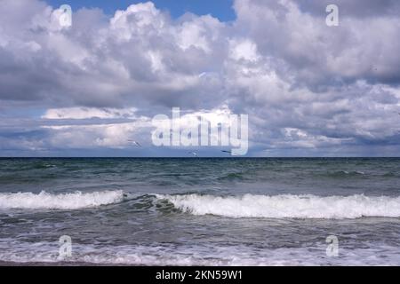 Paysage marin avec vagues de mer de tempête avec mousse sous le cumulonimbus lourd sur le ciel jusqu'à l'horizon Banque D'Images