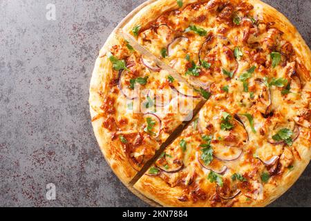 Pizza au poulet barbecue faite avec sauce barbecue, mozzarella, poulet, oignons rouges et coriandre sur la croûte de pizza maison parfaite sur le panneau de bois o Banque D'Images