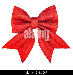 Nœud papillon en tissu sequins. Élégant noeud rouge festif isolé sur fond blanc. Banque D'Images