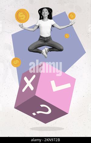 Collage vertical illustration de vol méditant la paix femmes mains montrent om gestes affaires pièces argent analytique conseiller financier Banque D'Images